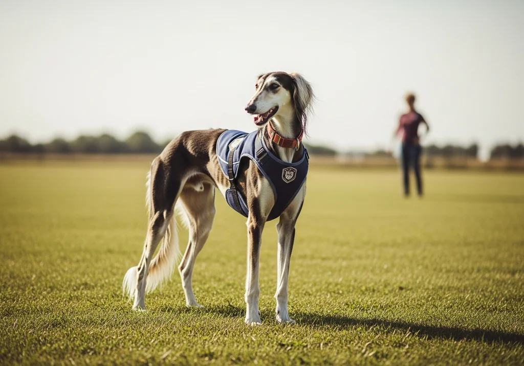 Chart perski (Saluki) w szelkach stoi na zielonej łące, patrząc w bok, z osobą w tle.
