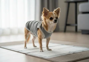 Mały pies rasy chihuahua w szarym ubranku stojący na higienicznej macie treningowej wewnątrz mieszkania.