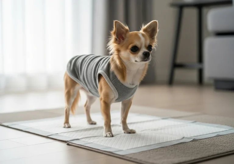 Mały pies rasy chihuahua w szarym ubranku stojący na higienicznej macie treningowej wewnątrz mieszkania.