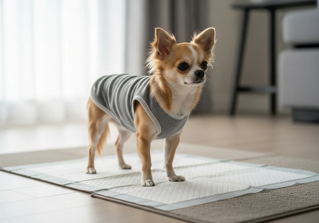 Mały pies rasy chihuahua w szarym ubranku stojący na higienicznej macie treningowej wewnątrz mieszkania.