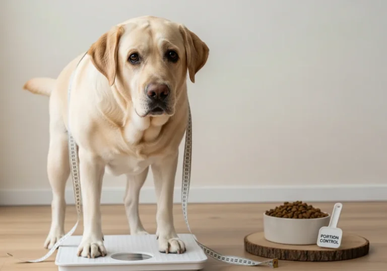 Labrador stojący na wadze z miarką krawiecką wokół tułowia; obok miska z karmą i miarka z napisem „portion control”.