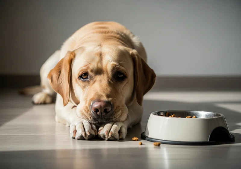 Zasmucony labrador leżący na podłodze przed miską z karmą, patrzący wyczekująco w obiektyw.