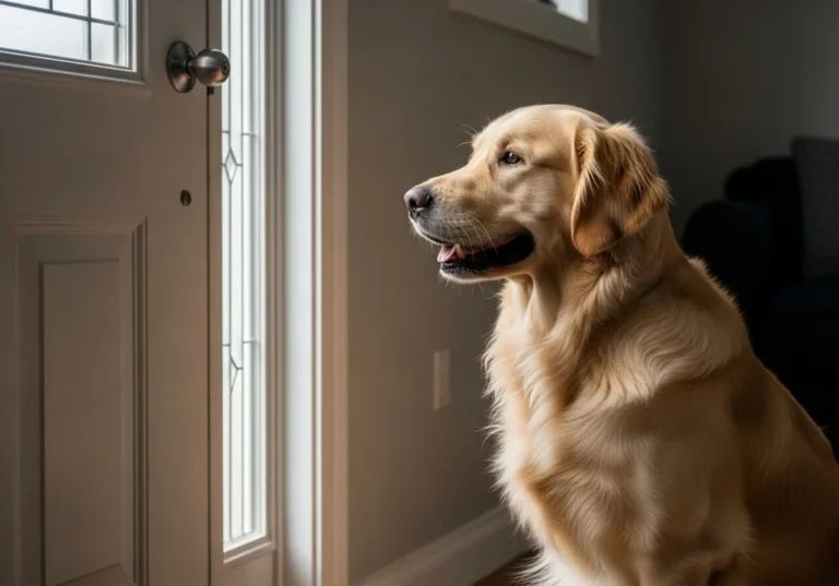 Złoty golden retriever siedzi przed zamkniętymi drzwiami, z uwagą patrząc w ich stronę, co obrazuje lęk separacyjny.