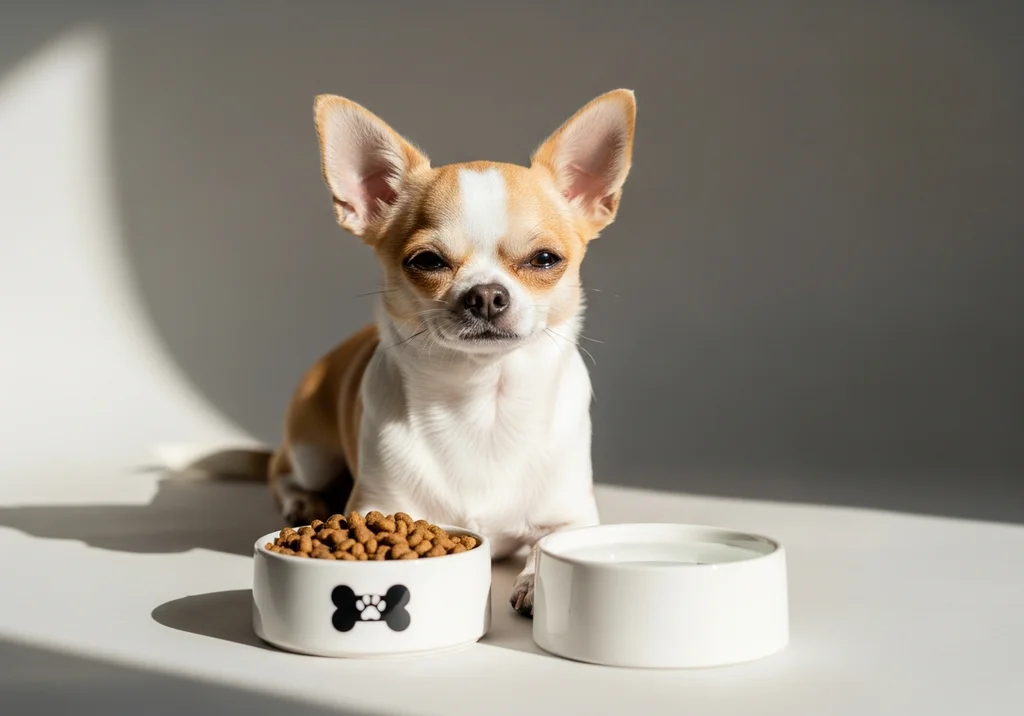 Chihuahua przed dwiema miskami – jedną z suchą karmą o drobnych granulkach i drugą z wodą.