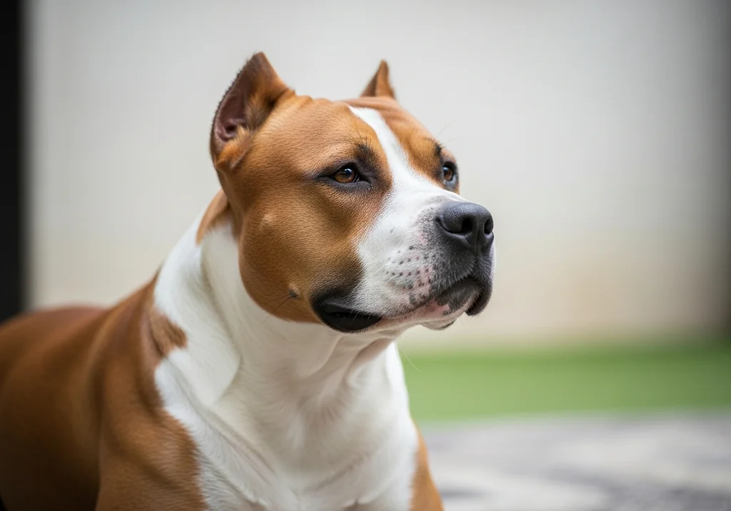 Profilowe ujęcie dorosłego psa rasy Amstaff o brązowo-białym umaszczeniu, patrzącego w prawą stronę.