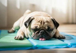 Mops śpiący z wyciągniętym językiem na niebiesko-zielonej macie chłodzącej w nasłonecznionym pomieszczeniu.