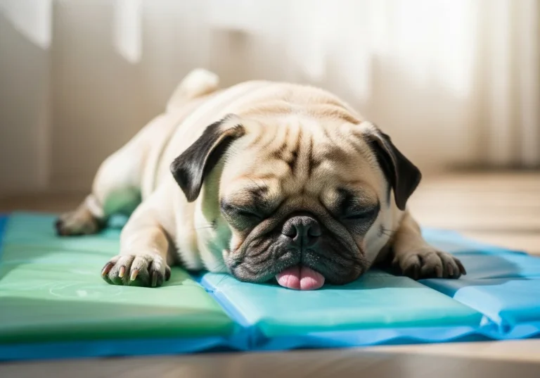 Mops śpiący z wyciągniętym językiem na niebiesko-zielonej macie chłodzącej w nasłonecznionym pomieszczeniu.