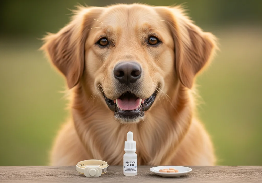 Złoty golden retriever patrzy na obrożę, krople typu spot-on i tabletki przeciw kleszczom leżące na drewnianym stole.