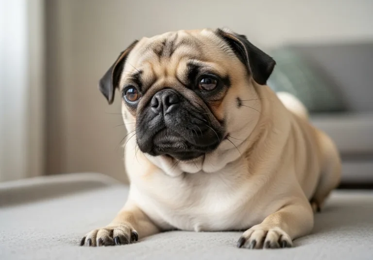 Mops leżący na miękkim podłożu z widoczną krótką kufą, typową dla psów rasy brachycefalicznej.
