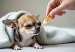 Osoba podająca strzykawką z syropem glukozę małemu psu rasy chihuahua owiniętemu w koc, jako pomoc w hipoglikemii.