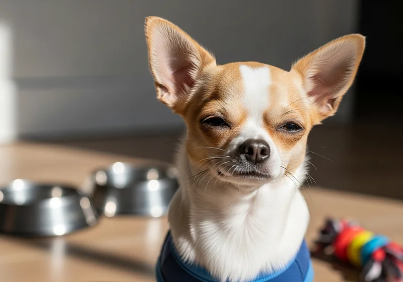 Chihuahua w niebieskim ubranku o zmrużonych oczach, siedzący przy miskach na pokarm w domu.
