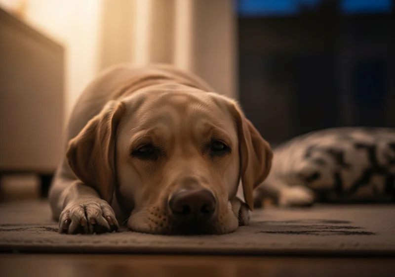 Wyciszony labrador leżący na dywanie po dniu pełnym wrażeń, sugerujący potrzebę odpoczynku szczeniaka.