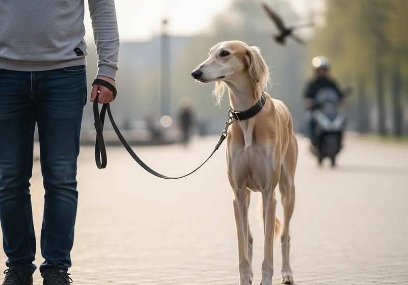 Właściciel trzymający na smyczy charta perskiego (Saluki) z uwagą obserwującego ptaka i zbliżający się skuter w mieście.