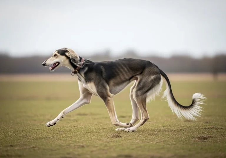 Chart perski (Saluki) w dynamicznym galopie na otwartym terenie, obrazujący potrzebę ruchu tej rasy.