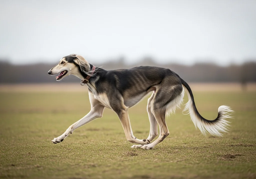 Chart perski (Saluki) w dynamicznym galopie na otwartym terenie, obrazujący potrzebę ruchu tej rasy.