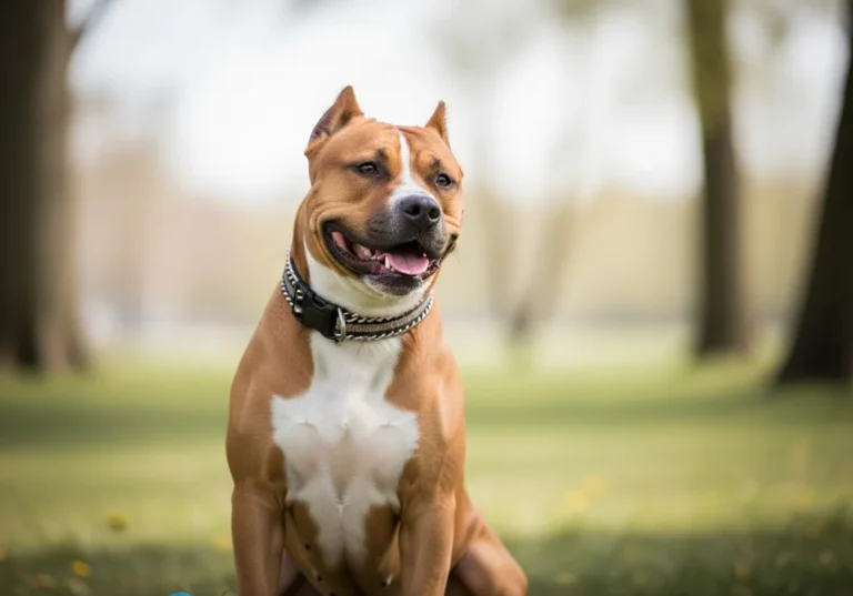 Przyjazny, radosny pies rasy Amstaff siedzący na zielonej trawie w parku.