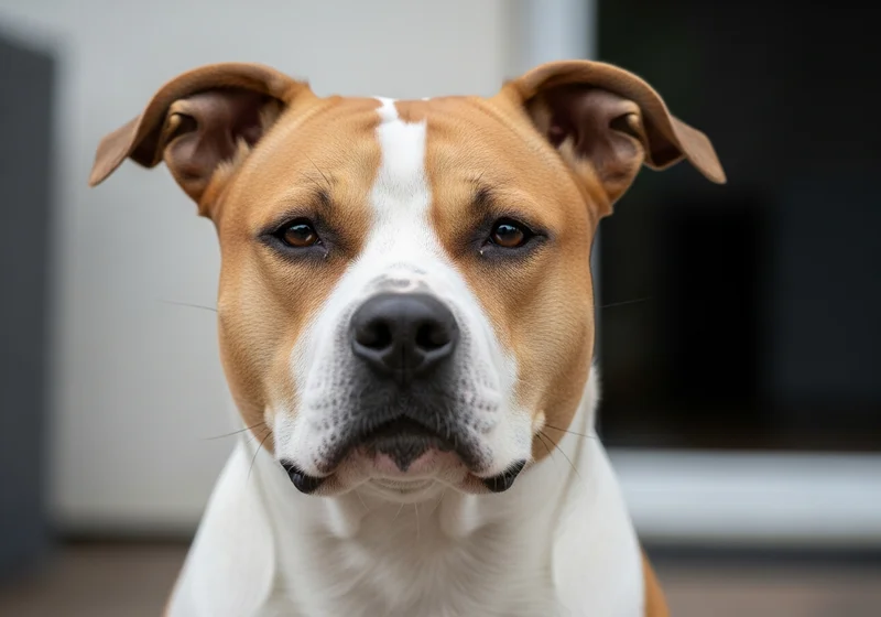Skupiony amstaff patrzący prosto w obiektyw, obrazujący potrzebę zrozumienia mowy ciała i zachowania tej rasy.