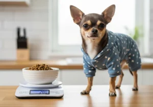 Mały chihuahua w niebieskim sweterku patrzy na miskę z karmą ustawioną na wadze kuchennej wskazującej 200 gramów.