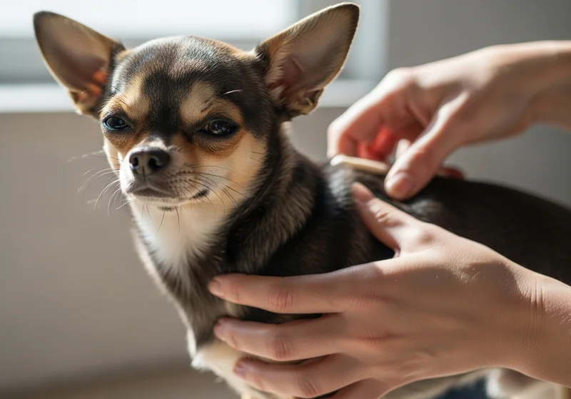 Właściciel dotykiem sprawdza kondycję ciała małego chihuahua, oceniając jego sylwetkę zgodnie ze skalą BCS.