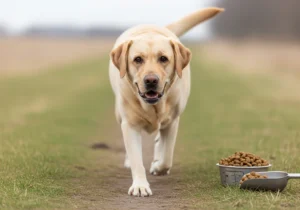 Labrador idący ścieżką w stronę miski z odmierzoną porcją karmy, ilustrujący kontrolę żywienia w procesie odchudzania psa.