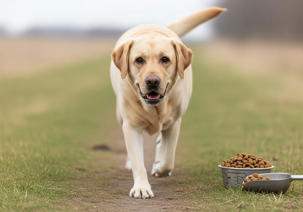 Labrador idący ścieżką w stronę miski z odmierzoną porcją karmy, ilustrujący kontrolę żywienia w procesie odchudzania psa.