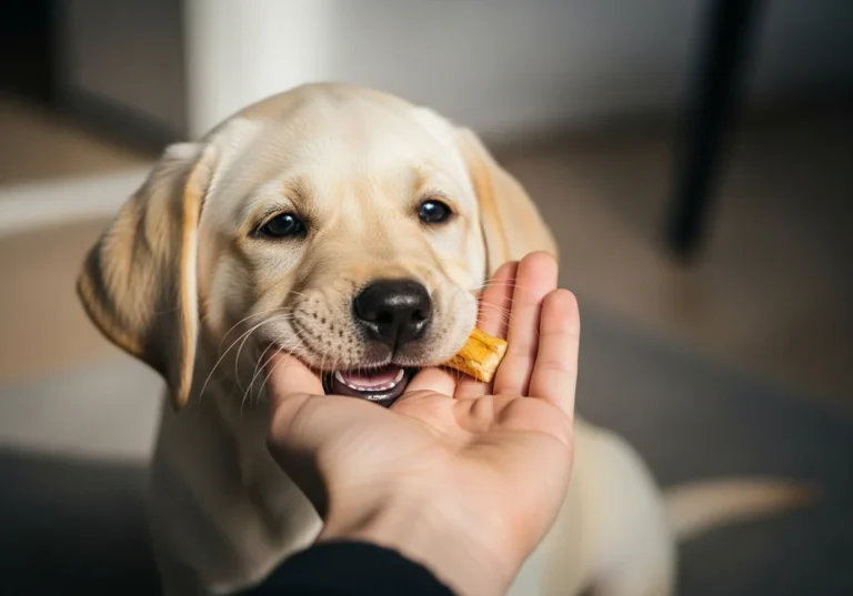 Szczeniak labradora delikatnie chwyta pyskiem rękę właściciela trzymającą smakołyk, ucząc się bezpiecznych zachowań.