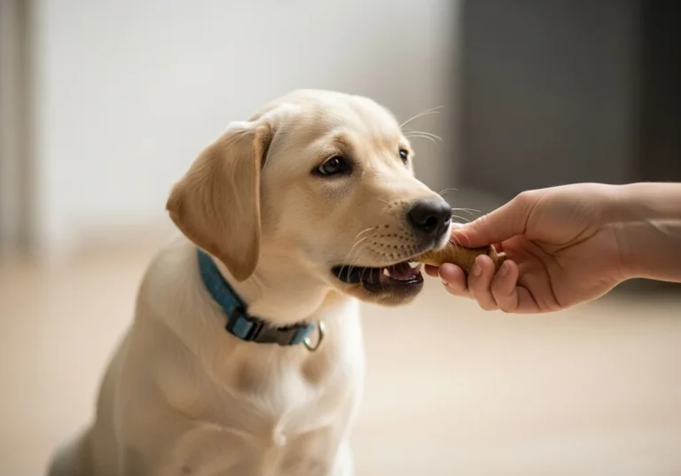 Szczeniak labradora delikatnie bierze z ręki opiekuna gryzak, ucząc się przekierowywania uwagi na bezpieczne przedmioty.
