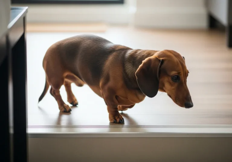 Jamnik o wydłużonym tułowiu stojący ostrożnie na podłodze, co ilustruje charakterystyczną budowę narażającą go na ból kręgosłupa.
