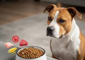 Amstaff patrzący na miskę karmy obok ikon przedstawiających kurczaka, wołowinę i kukurydzę jako potencjalne alergeny.