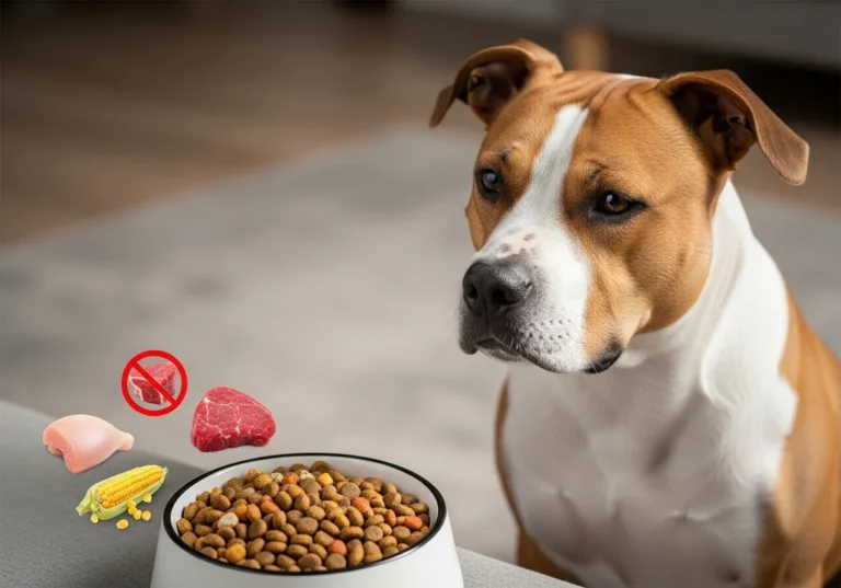 Amstaff patrzący na miskę karmy obok ikon przedstawiających kurczaka, wołowinę i kukurydzę jako potencjalne alergeny.