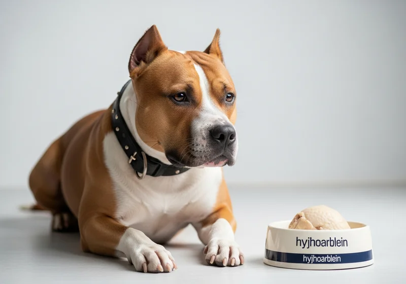 Amstaff w czarnej obroży leżący przed miską z pojedynczym kawałkiem karmy podczas diety eliminacyjnej.
