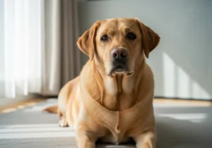 Labrador otyły leżący na podłodze, patrzący prosto w obiektyw.