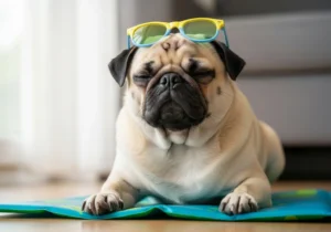 Mops z okularami przeciwsłonecznymi odpoczywający na niebieskiej macie chłodzącej w domu.