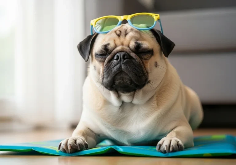 Mops z okularami przeciwsłonecznymi odpoczywający na niebieskiej macie chłodzącej w domu.