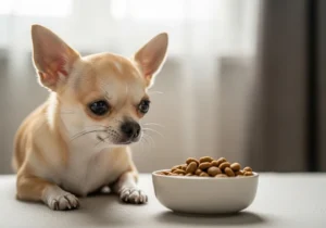 Chihuahua wpatrzony w miskę z małymi granulkami suchej karmy, dopasowanymi do potrzeb małych ras.