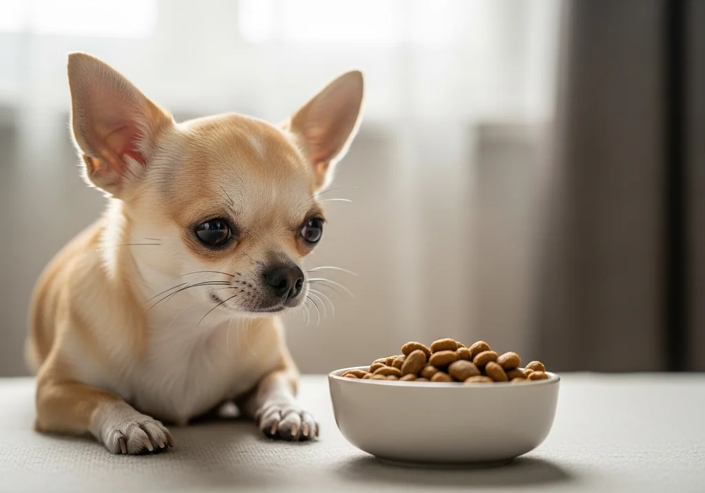 Chihuahua wpatrzony w miskę z małymi granulkami suchej karmy, dopasowanymi do potrzeb małych ras.