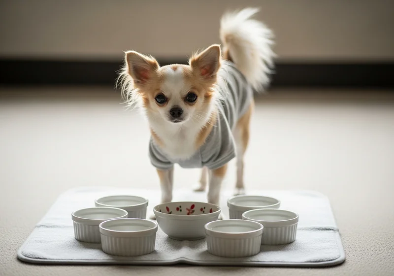 Mały pies rasy chihuahua w szarym ubranku stoi na macie przed kilkoma miseczkami przygotowanymi do posiłku.