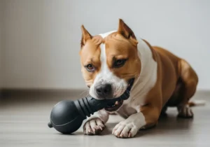 Amstaff z uwagą gryzie czarną, wytrzymałą zabawkę z kauczuku, zaprojektowaną dla psów o silnym zgryzie.