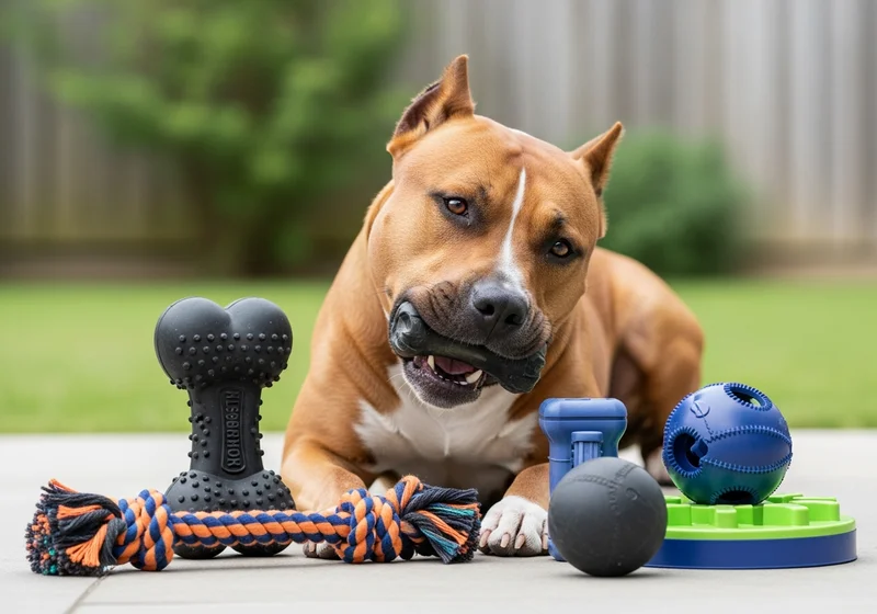 Amstaff leżący na podłożu z zestawem wytrzymałych zabawek dla psów, w tym gryzakami, sznurem i piłką.