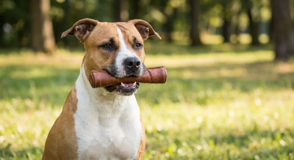 Brązowo-biały amstaff trzymający w pysk skórzany gryzak aportowy, siedzący na trawie na tle rozmytego lasu.