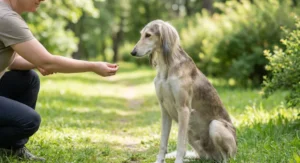 Chart perski (Saluki) siedzący na trawie i patrzący na smakołyk trzymany w dłoni przez kucającą obok osobę.