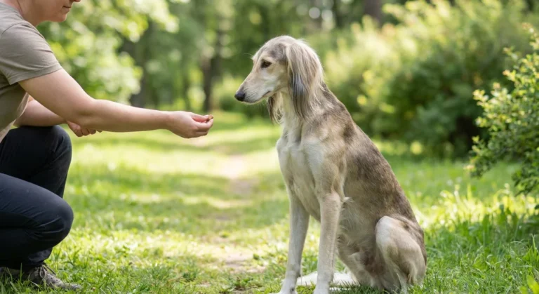 Chart perski (Saluki) siedzący na trawie i patrzący na smakołyk trzymany w dłoni przez kucającą obok osobę.