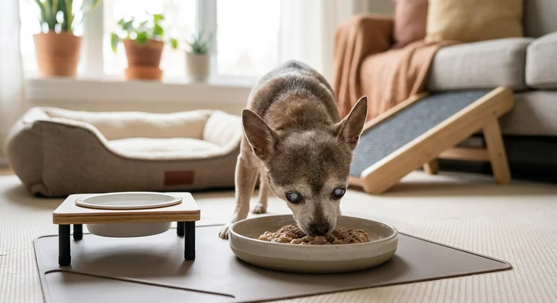 Starszy pies rasy chihuahua z zaćmą je z miski na macie. W tle widać legowisko oraz specjalną rampę przy kanapie.