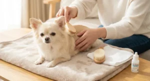 Długowłosy pies rasy chihuahua leży na kocu i jest delikatnie szczotkowany przez opiekuna drewnianą szczotką.
