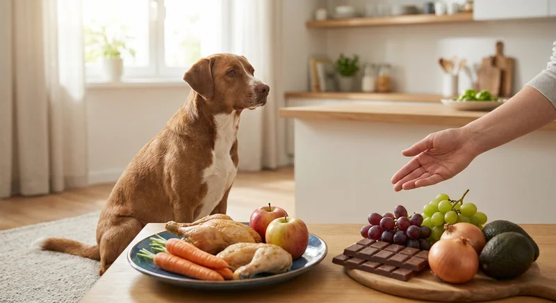 Pies patrzy na stół z bezpiecznym jedzeniem oraz trującymi dla niego produktami: czekoladą, winogronami i cebulą.