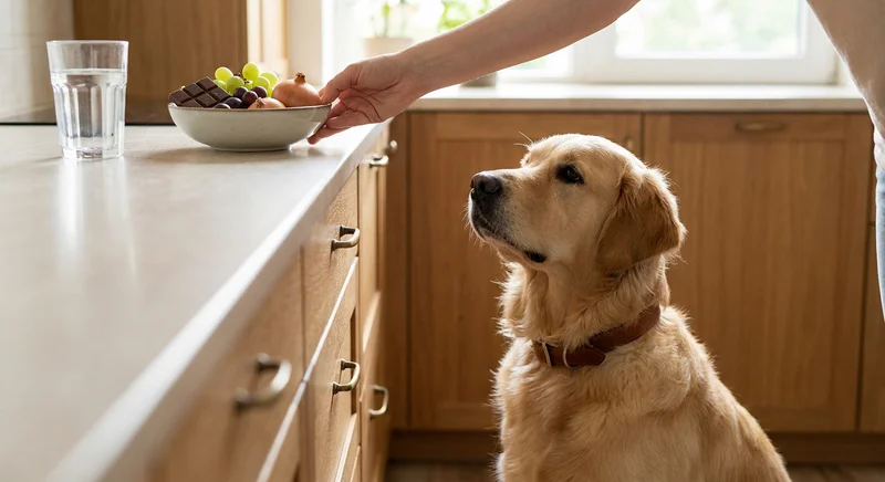 Złoty retriever patrzący na miskę z czekoladą, winogronami i cebulą, którą ludzka ręka stawia na blacie kuchennym.