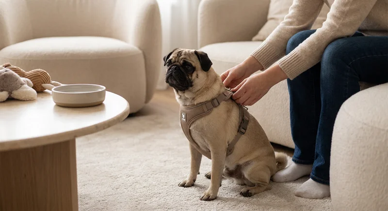 Mops w beżowych szelkach siedzi na dywanie, podczas gdy siedząca obok osoba zapina mu je na plecach.
