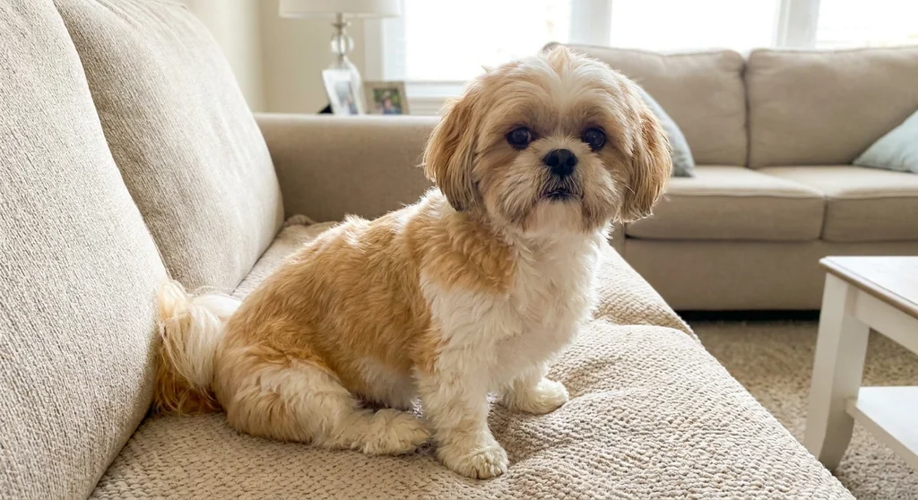 Puszysty, biało-beżowy pies rasy shih tzu siedzący na jasnej kanapie w przytulnym salonie.