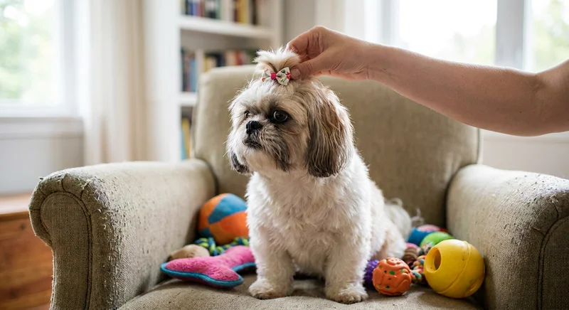 Shih tzu z kokardką siedzi wśród zabawek na podrapanym fotelu, podczas gdy ludzka dłoń poprawia mu fryzurę.