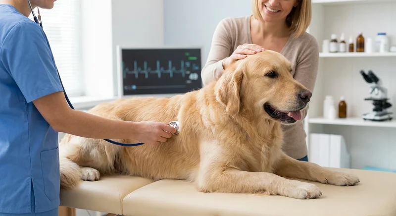 Weterynarz bada stetoskopem serce golden retrievera leżącego na stole, w tle widoczny monitor EKG.